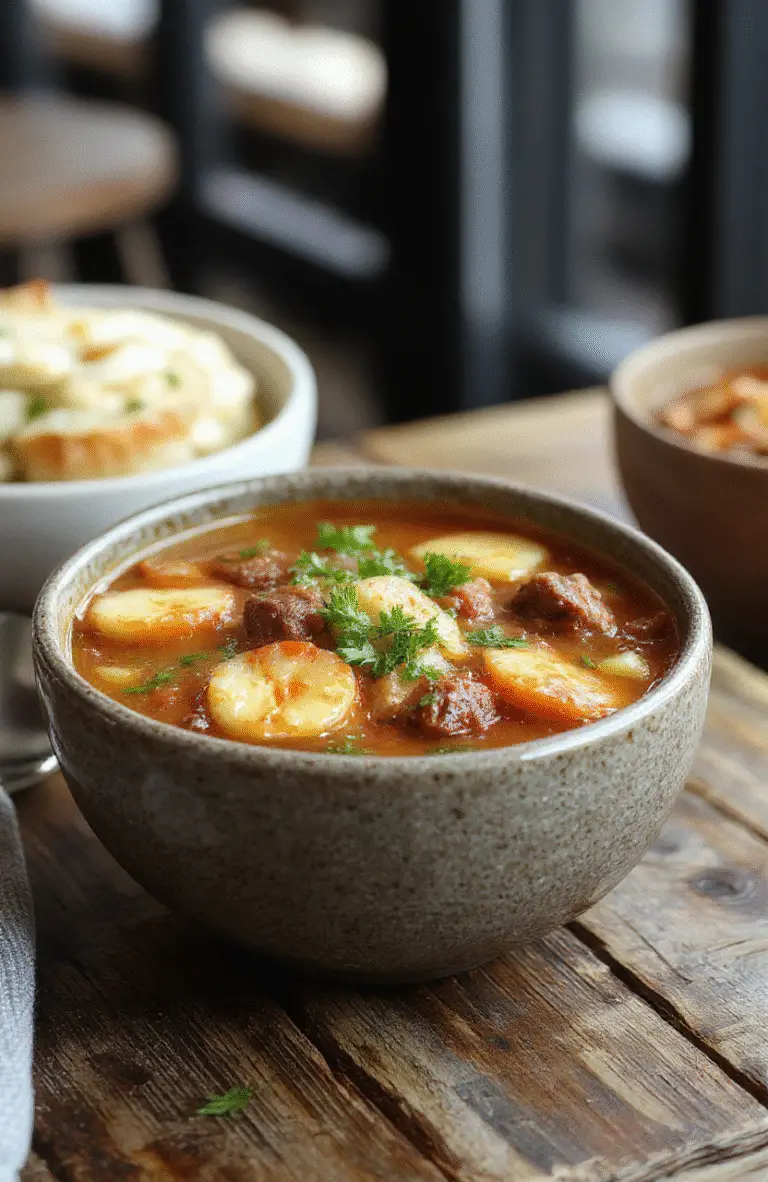 A steaming bowl of classic vegetable beef soup with tender beef chunks, vibrant carrots, celery, peas, and potatoes in a clear broth, garnished with fresh herbs, served on a rustic wooden table with warm lighting.