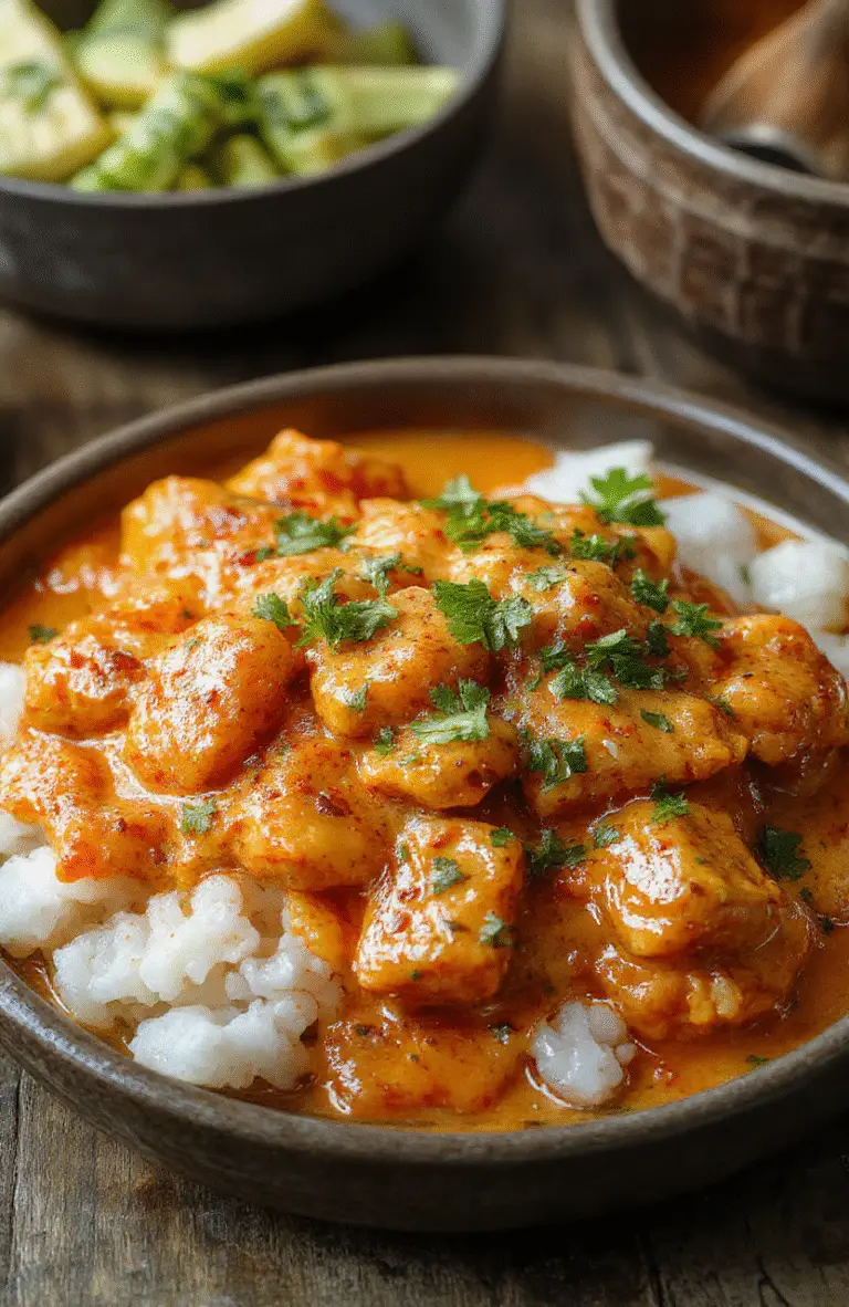 Vibrant orange butter chicken served in a white bowl with a creamy sauce, garnished with fresh cilantro, alongside fluffy white rice on a rustic wooden table, styled for an appetizing and inviting presentation.