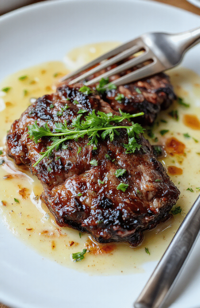 A perfectly cooked medium-rare steak with a golden sear, topped with a glossy butter sauce, served on a rustic white plate with fresh herbs, with a softly blurred background highlighting a cozy dinner setting.