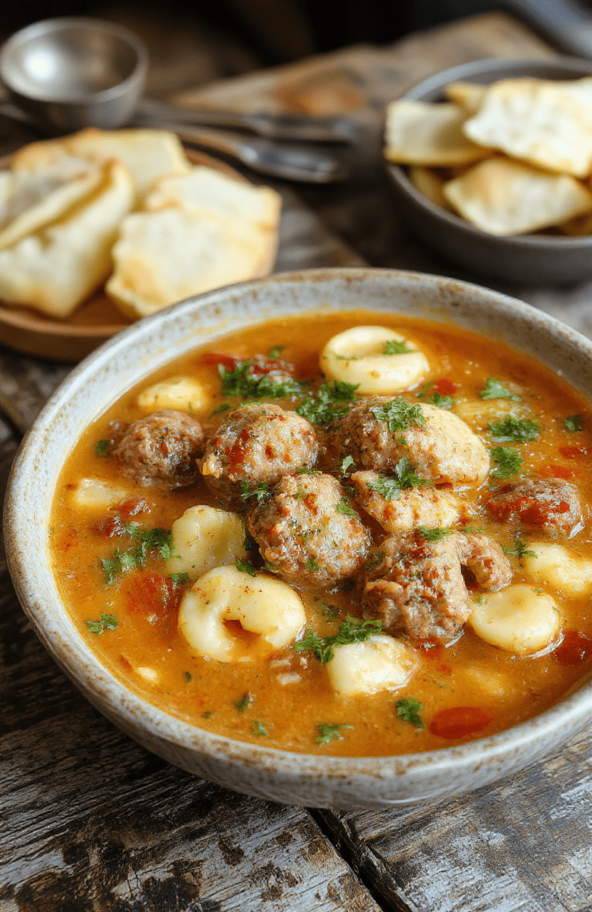 A vibrant bowl of meatball tortellini soup featuring plump meatballs and cheese-filled tortellini, garnished with fresh parsley on a rustic wooden table with a warm background.