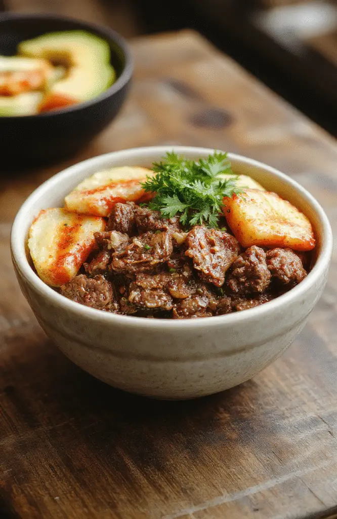 Colorful Korean ground beef bowl with vibrant red and green vegetables, topped with sesame seeds and chopped scallions, neatly arranged on a white plate with a glossy finish, textures of tender beef and fresh toppings highlighted