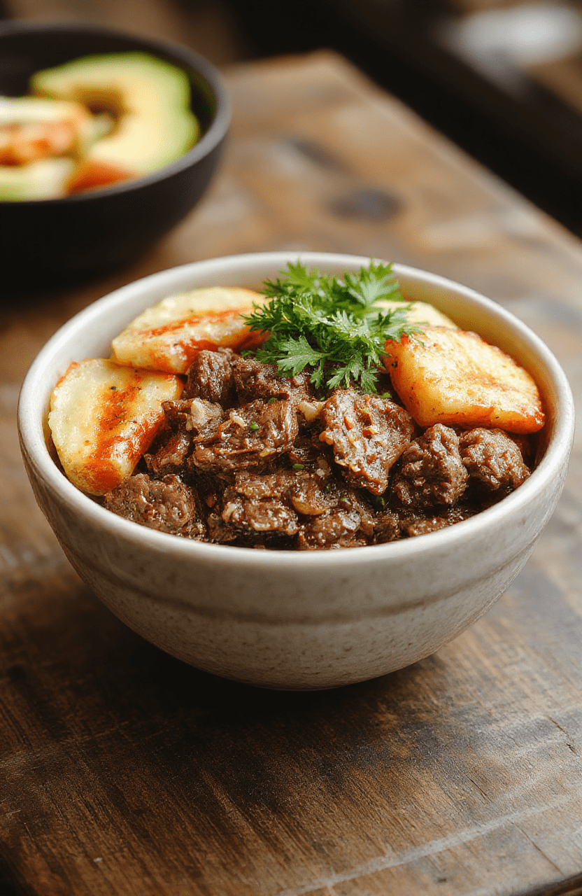 Colorful Korean ground beef bowl with vibrant red and green vegetables, topped with sesame seeds and chopped scallions, neatly arranged on a white plate with a glossy finish, textures of tender beef and fresh toppings highlighted