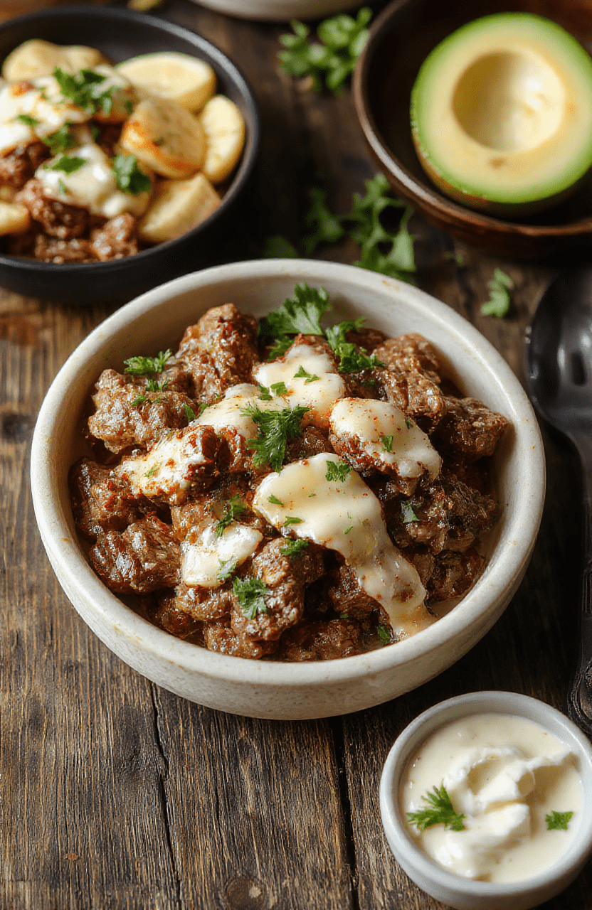 A vibrant bowl featuring sliced cooked beef, melted cheese, colorful bell peppers, and onions, topped with fresh herbs, arranged neatly on a clean, white plate with a rustic wooden background, emphasizing textures and fresh ingredients.