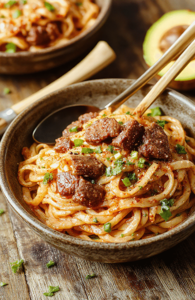 a vibrant plate of mongolian ground beef noodles with golden-brown beef, glossy dark sauce, colorful chopped green onions, and perfectly cooked noodles arranged neatly on a white ceramic plate, styled on a rustic wooden table with natural lighting highlighting the textures