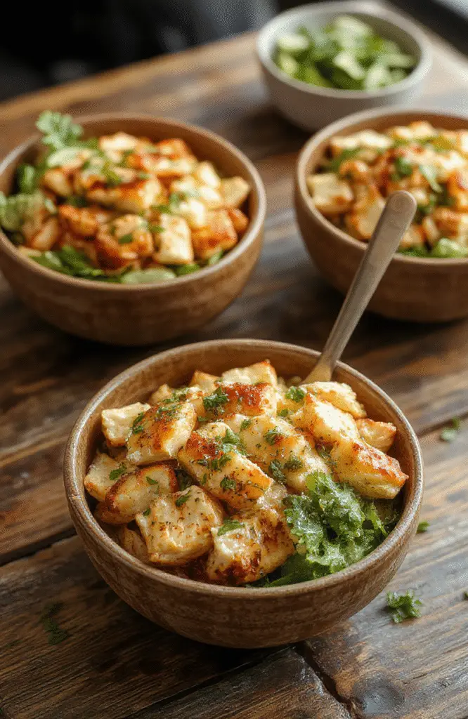 Colorful Greek chicken bowls featuring grilled chicken, vibrant vegetables, creamy tzatziki sauce, all beautifully arranged on a rustic plate with fresh herbs, capturing textures of tender meat and crisp veggies, styled simply for an inviting look.
