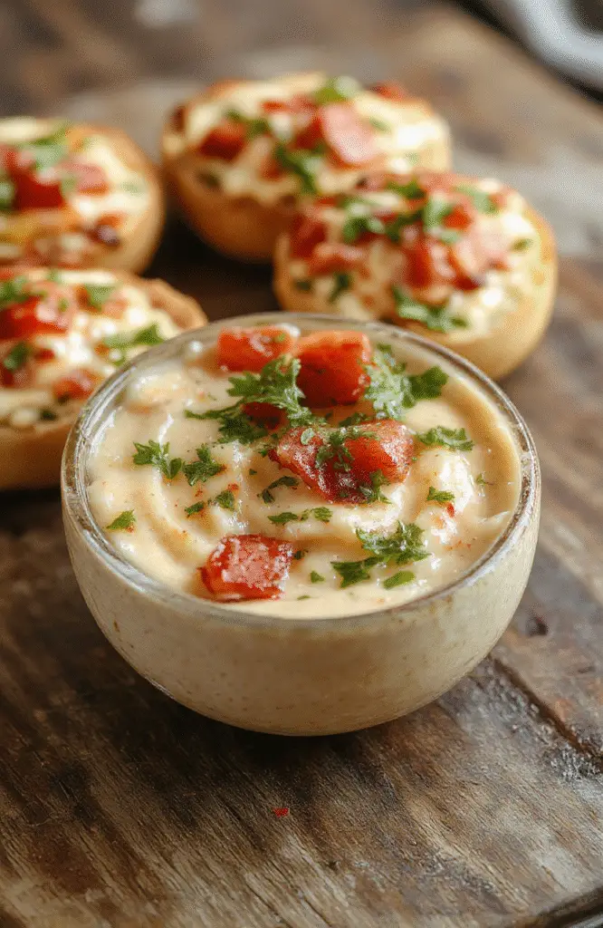 A vibrant bowl of bruschetta dip topped with fresh basil and diced tomatoes, surrounded by crusty bread slices on a rustic wooden table, colorful ingredients and a drizzle of balsamic vinegar enhance the inviting presentation.