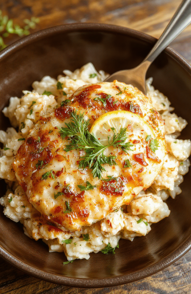 A vibrant plate of moist slow cooker lemon herb chicken served alongside fluffy rice, garnished with fresh herbs and lemon slices, styled on a rustic wooden table with bright natural lighting highlighting the textures of the dish.