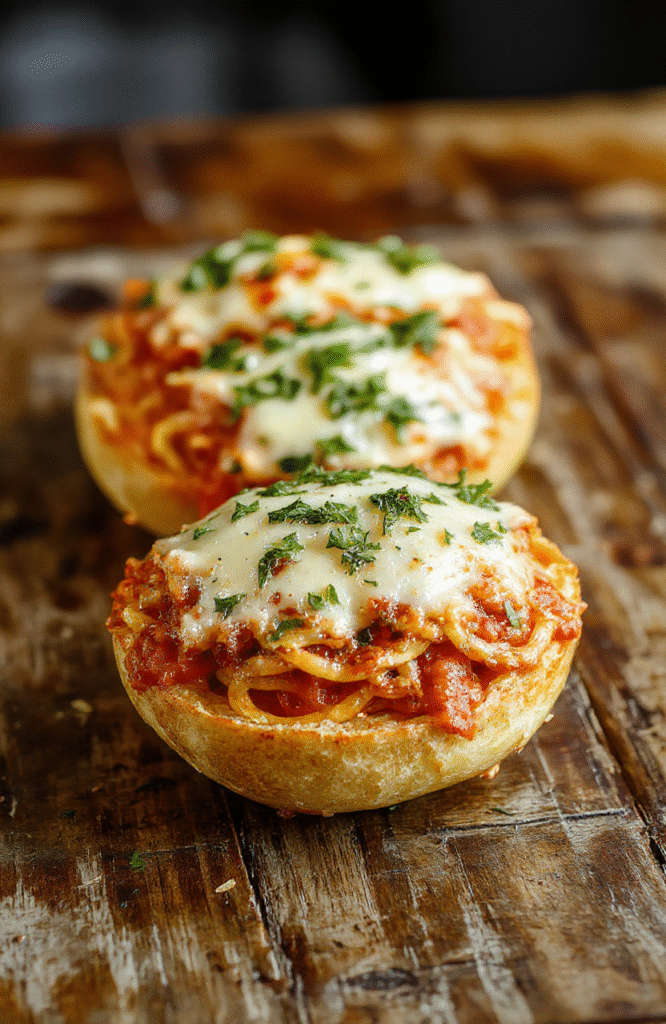 A vibrant plate featuring garlic bread bowls filled with glossy cooked spaghetti, topped with fresh herbs and grated cheese, with a crispy golden crust and soft, steaming interior, styled simply on a rustic wooden table