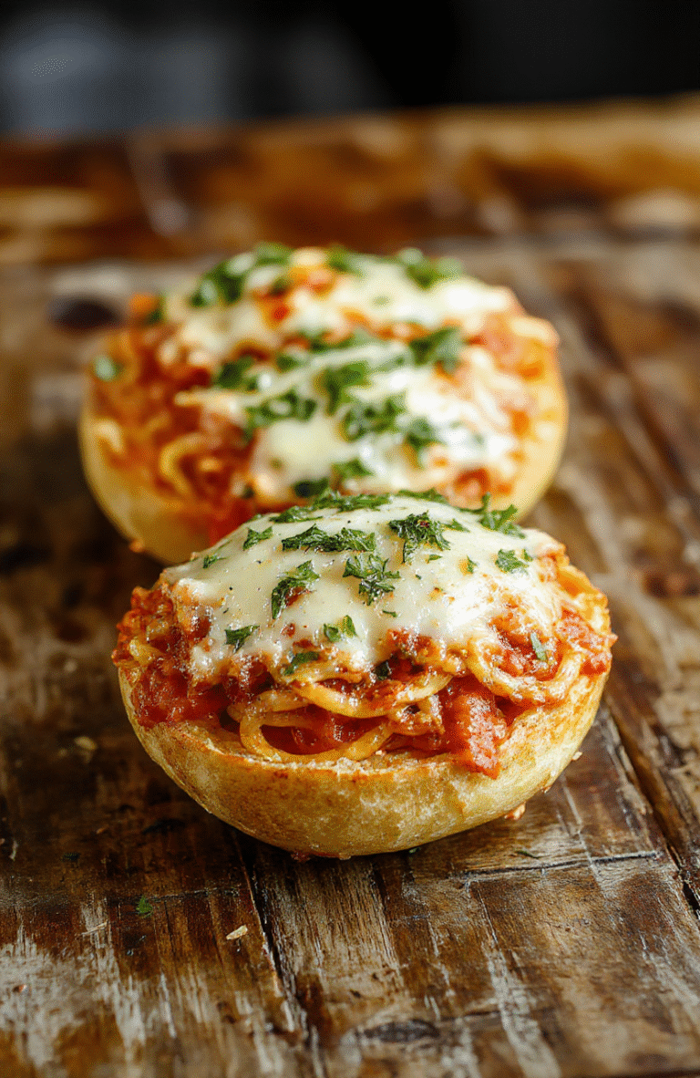 A vibrant plate featuring garlic bread bowls filled with glossy cooked spaghetti, topped with fresh herbs and grated cheese, with a crispy golden crust and soft, steaming interior, styled simply on a rustic wooden table