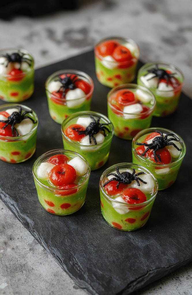 Colorful spooky eyeball gelatin shots arranged on a dark slate plate, featuring red and white eyeball candies embedded in translucent green gelatin, garnished with creepy black spider decorations, styled for a Halloween party, with a blurred dim background highlighting the eerie, fun atmosphere.