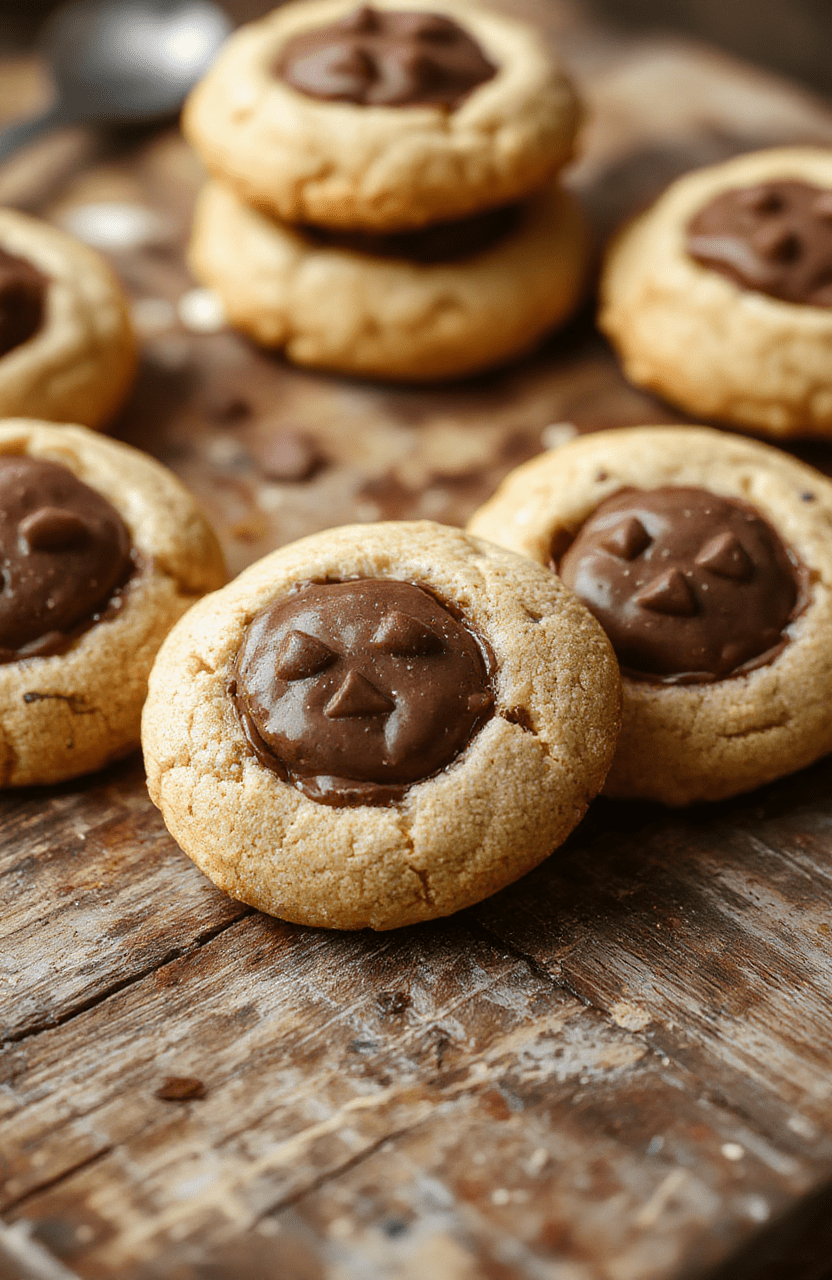 Colorful Halloween-themed Jack-O'-Lantern cookies with melting milk chocolate filling, decorated with orange and black icing, placed on a rustic wooden surface, with festive autumn decorations in the background, showcasing a glossy, textured surface of the cookies with a rich chocolate interior.