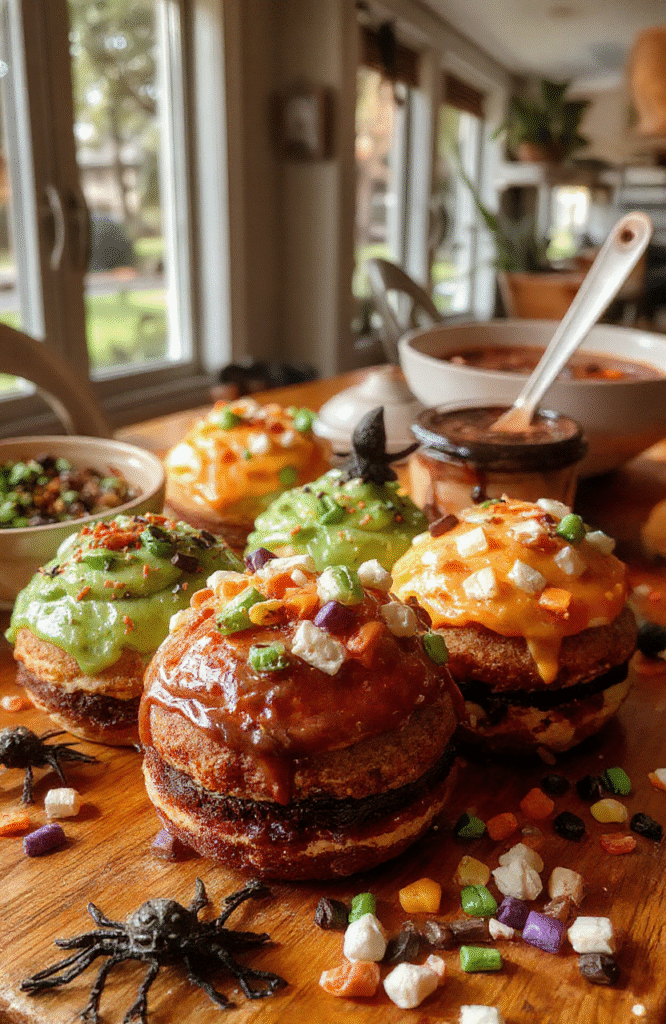 Colorful Halloween-themed treats with vibrant orange, black, and green icing, decorated with spooky icons like ghosts, bats, and pumpkins, artfully arranged on a festive platter, with textured candies and eerie decorations creating a fun and creepy vibe.