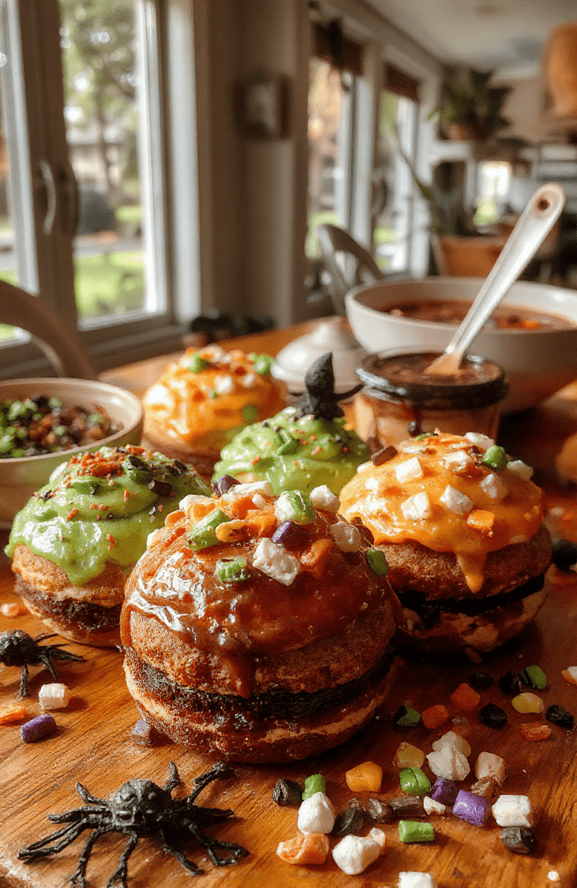 Colorful Halloween-themed treats with vibrant orange, black, and green icing, decorated with spooky icons like ghosts, bats, and pumpkins, artfully arranged on a festive platter, with textured candies and eerie decorations creating a fun and creepy vibe.
