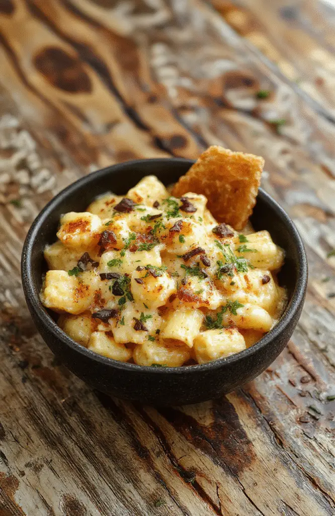 A vibrant Halloween-themed plate featuring a playful monster-shaped mac and cheese with colorful toppings and gooey melted cheese, displayed on a rustic wooden surface with autumn leaves in the background.