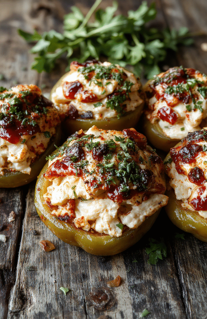 Colorful stuffed peppers with shredded chicken and rice filling, topped with melted cheese, vibrant orange and green peppers on a rustic plate, styled for a festive Halloween dinner.