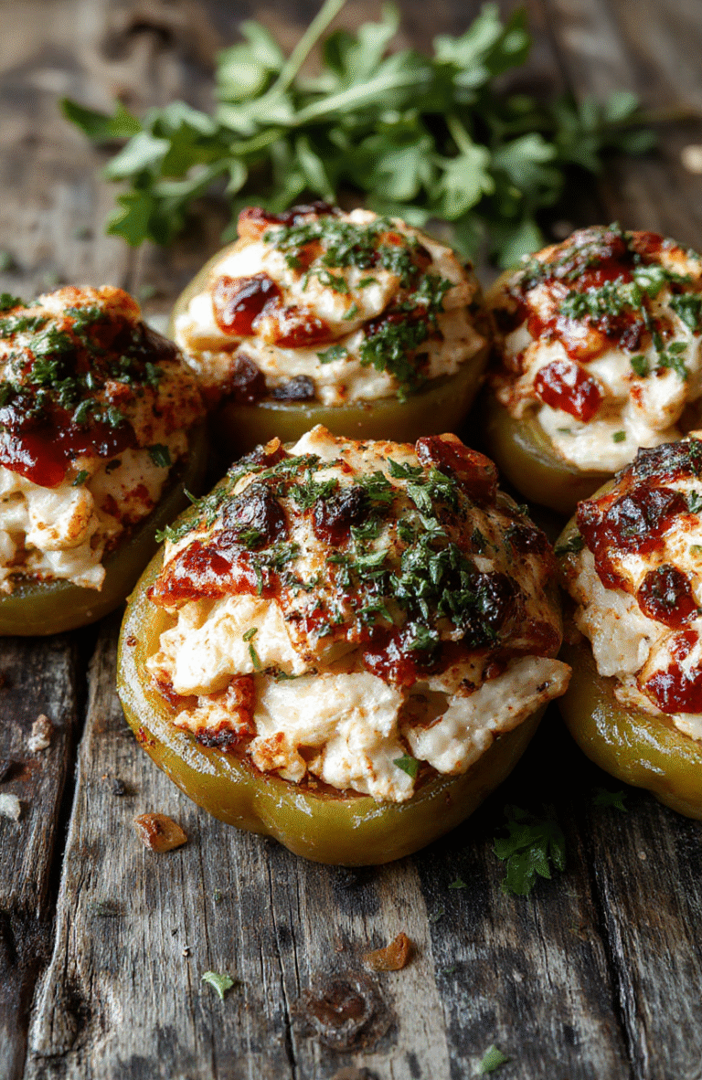 Colorful stuffed peppers with shredded chicken and rice filling, topped with melted cheese, vibrant orange and green peppers on a rustic plate, styled for a festive Halloween dinner.