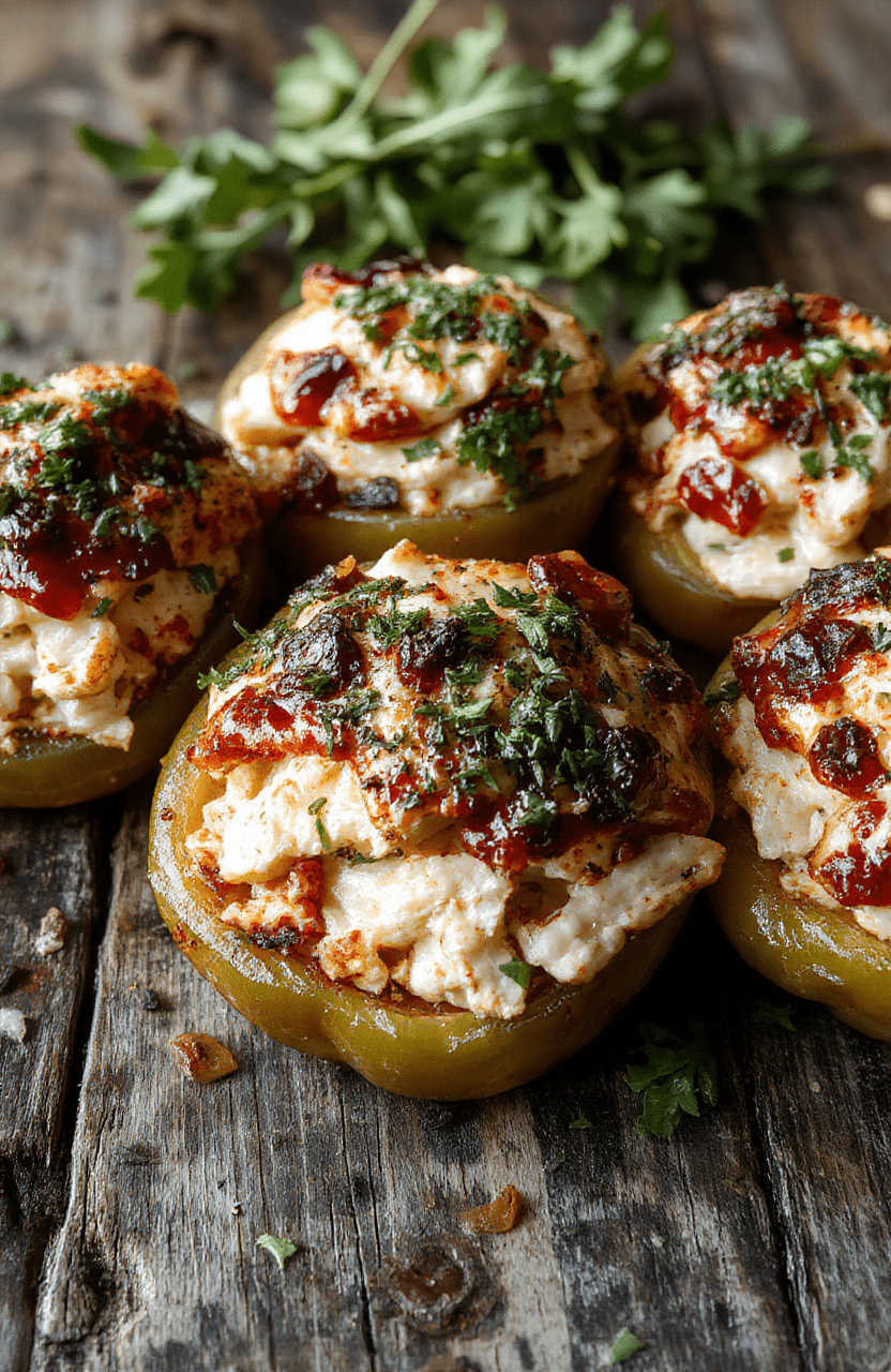 Colorful stuffed peppers with shredded chicken and rice filling, topped with melted cheese, vibrant orange and green peppers on a rustic plate, styled for a festive Halloween dinner.