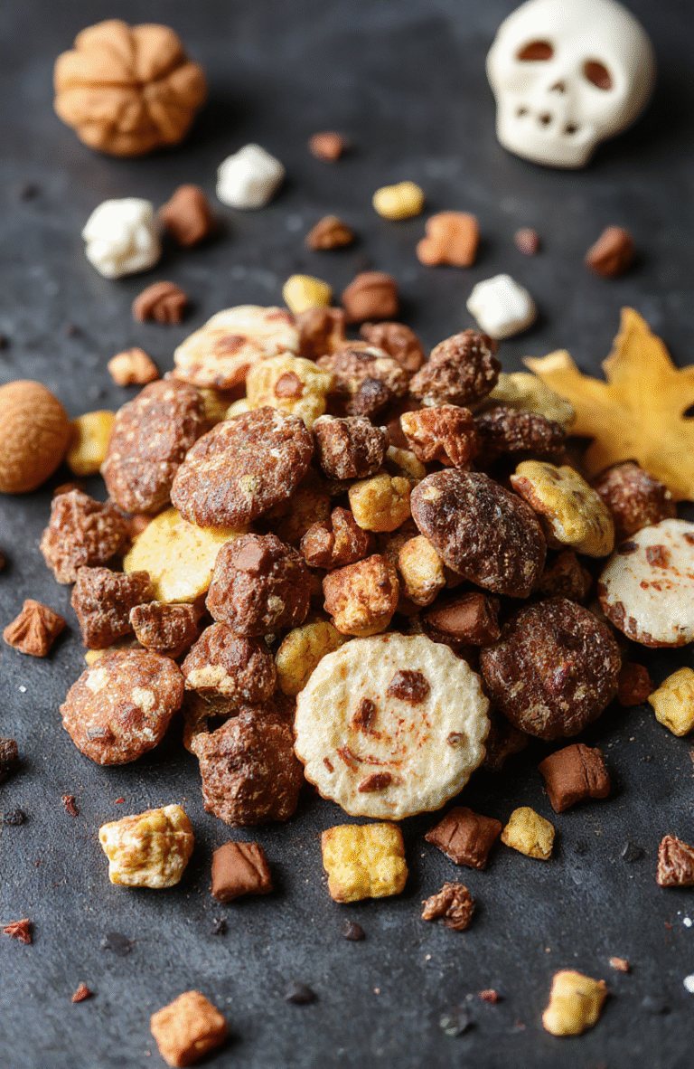 A colorful Halloween-themed trail mix featuring vibrant red, black, and orange candies, spooky shaped snacks, and crunchy nuts arranged in a festive bowl with a dark background, textured surface, and playful decorations, creating a spooky yet delicious presentation.