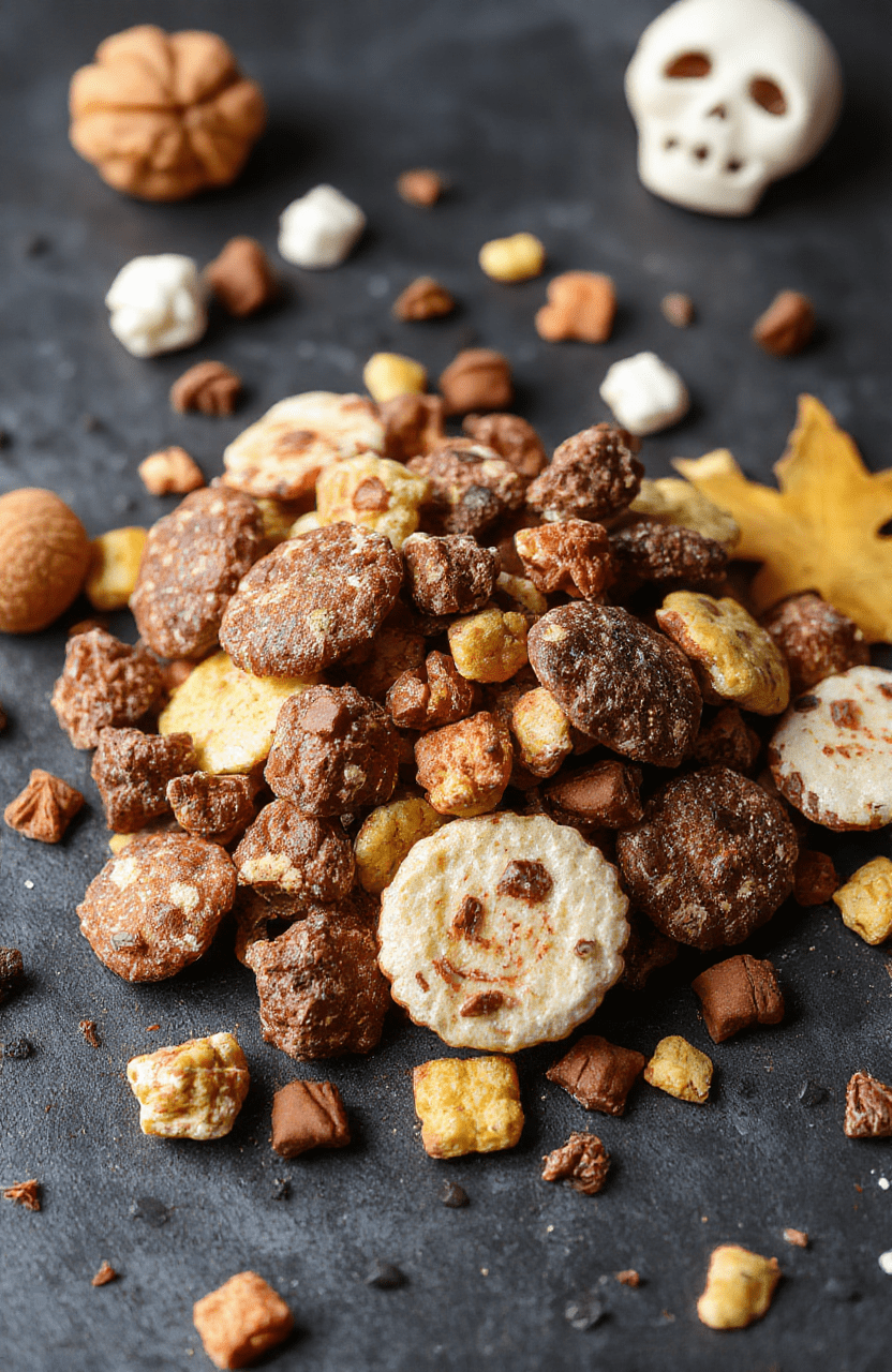 A colorful Halloween-themed trail mix featuring vibrant red, black, and orange candies, spooky shaped snacks, and crunchy nuts arranged in a festive bowl with a dark background, textured surface, and playful decorations, creating a spooky yet delicious presentation.