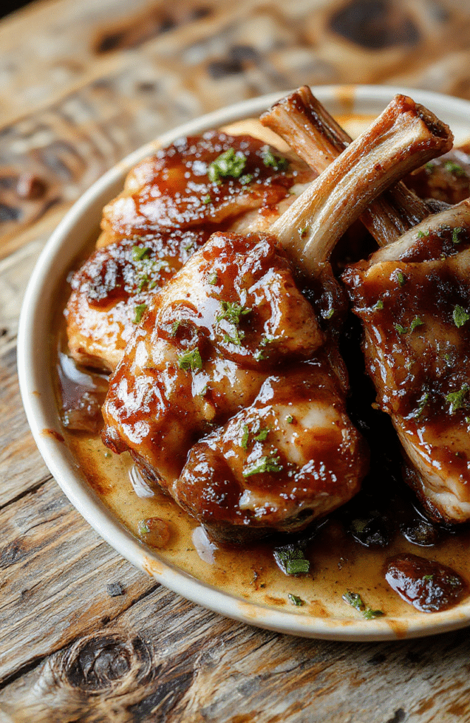 A close-up of sticky honey garlic boneless pork chops plated on a rustic wooden surface, glistening with a rich glaze, garnished with fresh green herbs, accompanied by colorful steamed vegetables, and styled with a drizzle of honey and garlic sauce, highlighting juicy, caramelized textures and vibrant presentation.