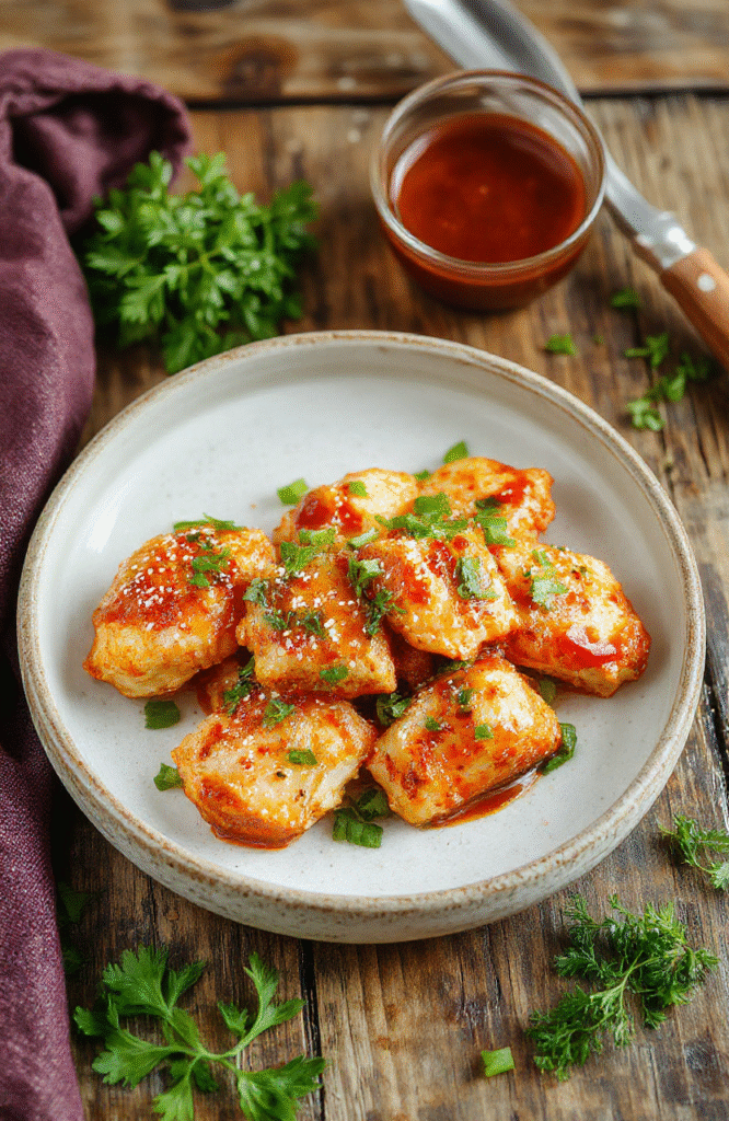 A vibrant plate of sweet chili chicken featuring crispy glazed chicken pieces garnished with sliced green onions and sesame seeds, vibrant red and orange chili sauce spread across the plate, styled on a rustic white plate with a colorful background and fresh herbs nearby, highlighting textures of crispy chicken and glossy sauce.