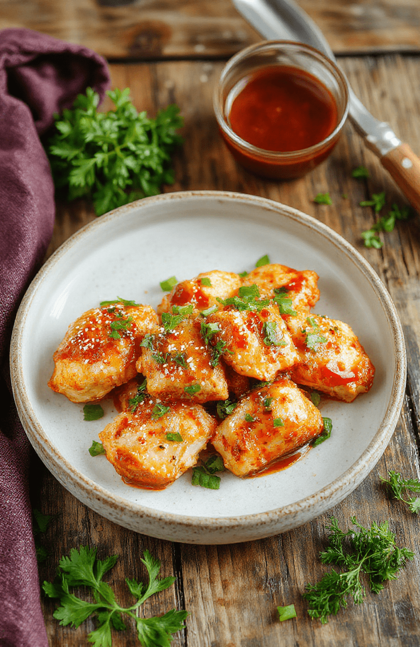 A vibrant plate of sweet chili chicken featuring crispy glazed chicken pieces garnished with sliced green onions and sesame seeds, vibrant red and orange chili sauce spread across the plate, styled on a rustic white plate with a colorful background and fresh herbs nearby, highlighting textures of crispy chicken and glossy sauce.
