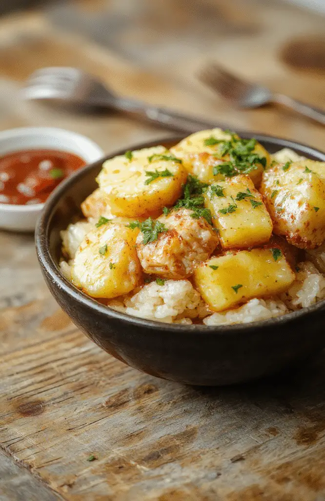 A vibrant plate featuring golden-brown pineapple chunks, tender chicken pieces glazed with a glossy sauce, and fluffy white rice, garnished with fresh herbs and pineapple slices arranged artfully on a stylish white platter.