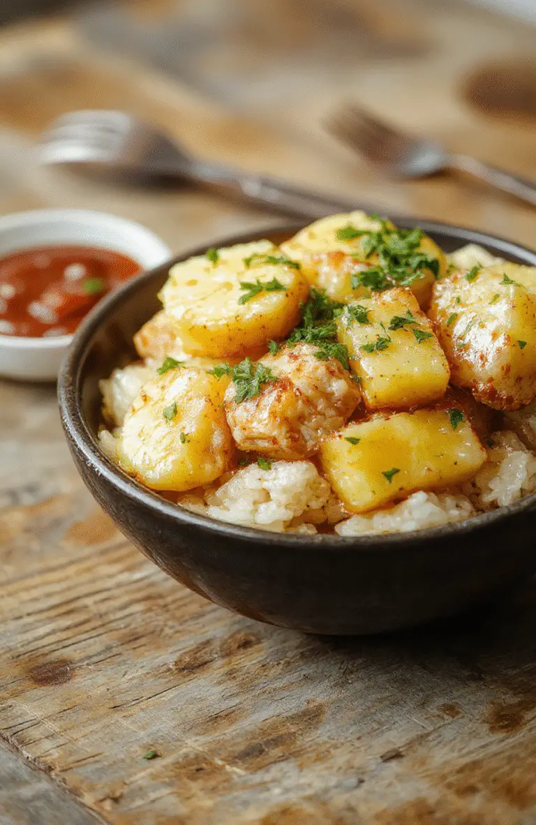 A vibrant plate featuring golden-brown pineapple chunks, tender chicken pieces glazed with a glossy sauce, and fluffy white rice, garnished with fresh herbs and pineapple slices arranged artfully on a stylish white platter.