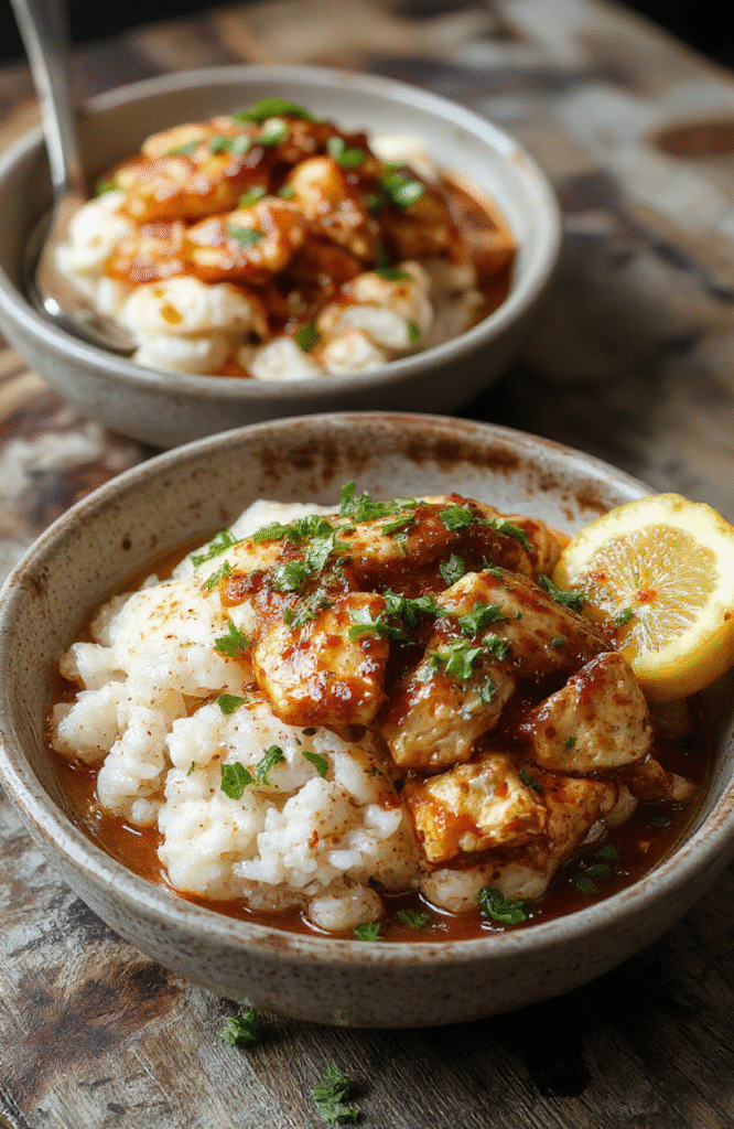 Colorful and inviting honey chipotle chicken rice bowls topped with fresh cilantro, lime wedges, and sliced jalapenos. The dish features juicy grilled chicken coated in a smoky honey glaze, served over fluffy white rice with vibrant vegetables and a drizzle of sauce. The presentation is vibrant with a rustic wooden table background, highlighting textures and fresh ingredients.