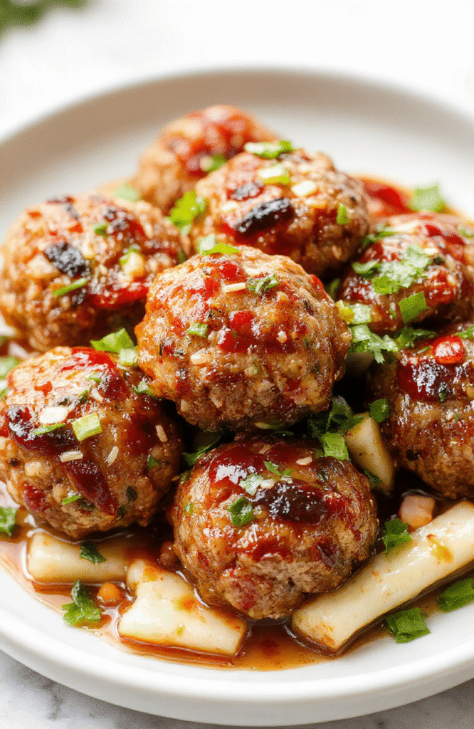 Colorful Asian turkey meatballs glazed with a shiny spicy-sweet sauce, arranged neatly on a white plate garnished with chopped green onions and sesame seeds, with a vibrant background of Asian herbs and dipping sauce, textured surface, appealing and fresh.