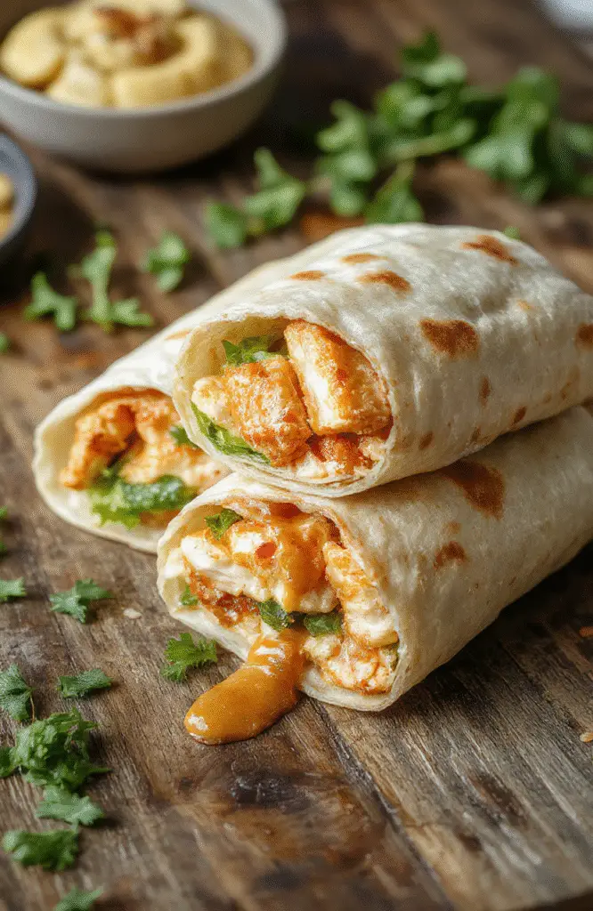 Colorful Thai peanut chicken wraps with shredded grilled chicken, crunchy vegetables, and a creamy peanut sauce, garnished with fresh herbs on a white plate, styled casually with natural lighting showcasing vibrant ingredients and textures