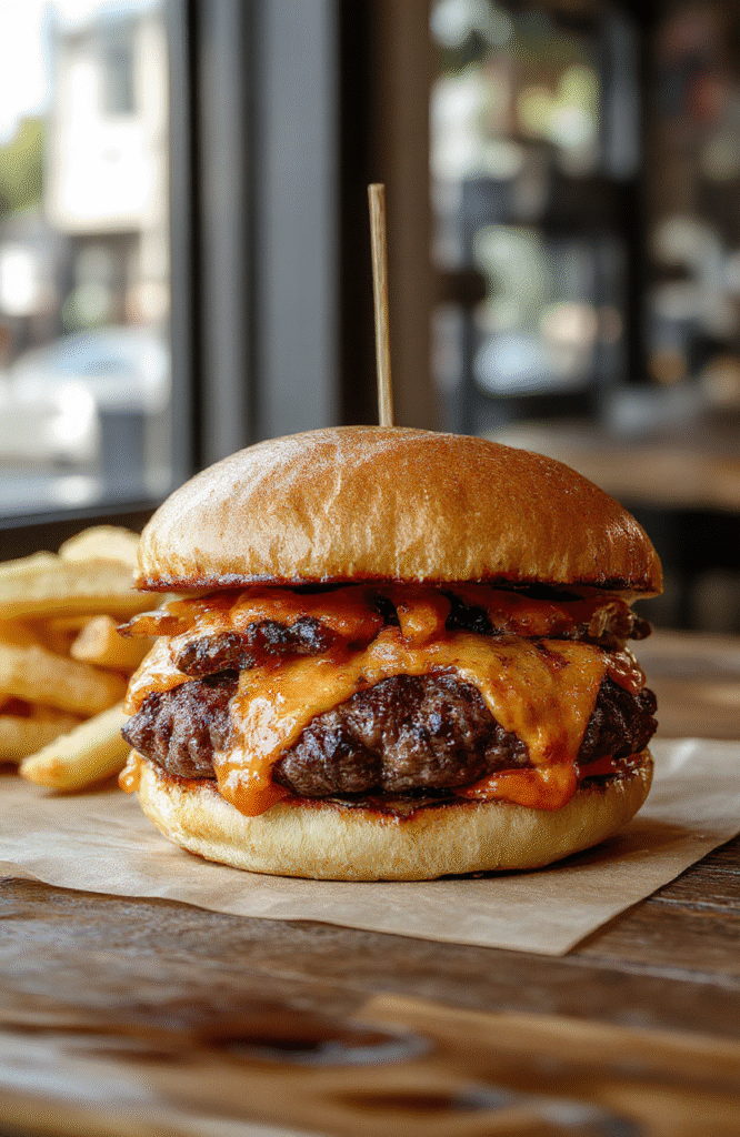 A close-up shot of a stacked crack burger with melted cheese, crispy bacon, fresh lettuce, tomato slices, and pickles on a toasted bun, beautifully plated on a rustic wooden table with natural daylight highlighting the textures and vibrant colors.