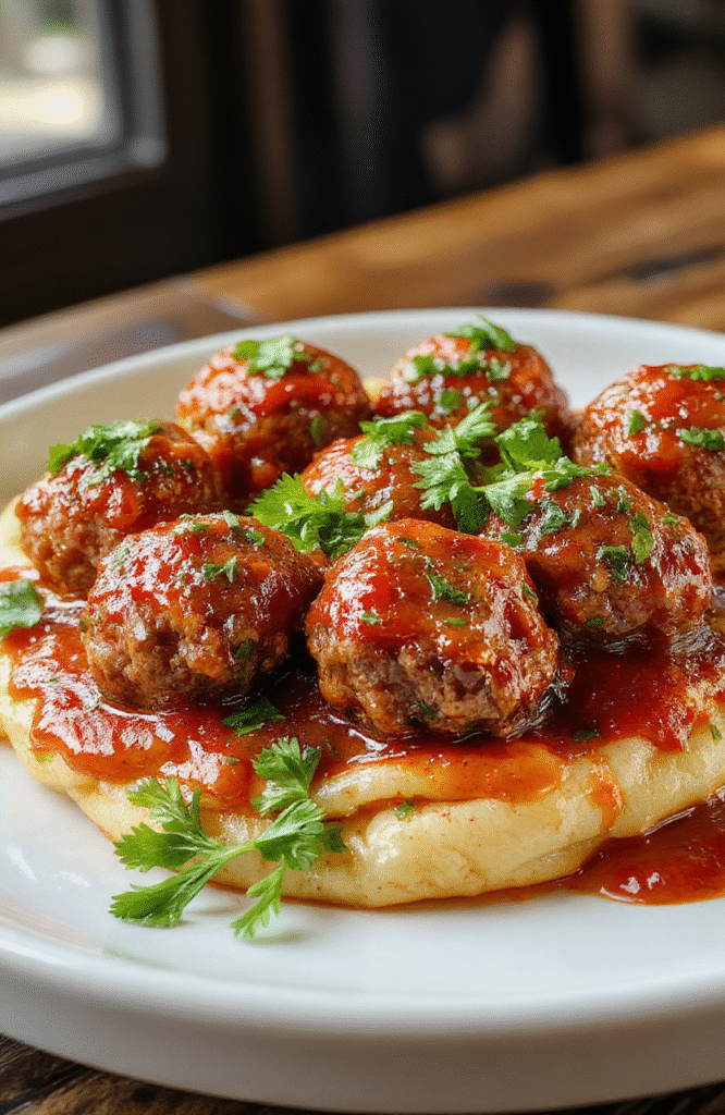 A close-up of perfectly round Italian meatballs with a golden-brown crust, arranged on a white plate topped with fresh parsley and served with a rich marinara sauce, showcasing the juicy texture and flavorful herbs.