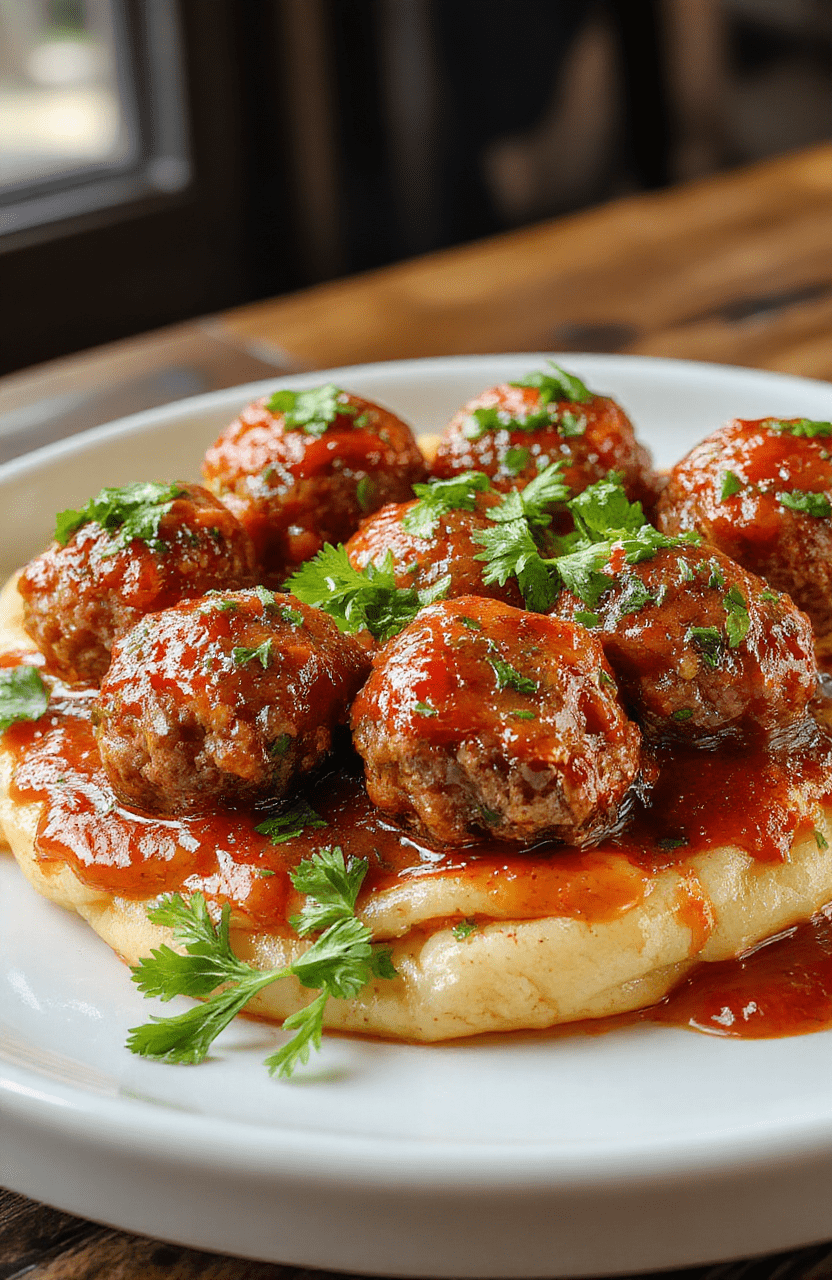 A close-up of perfectly round Italian meatballs with a golden-brown crust, arranged on a white plate topped with fresh parsley and served with a rich marinara sauce, showcasing the juicy texture and flavorful herbs.