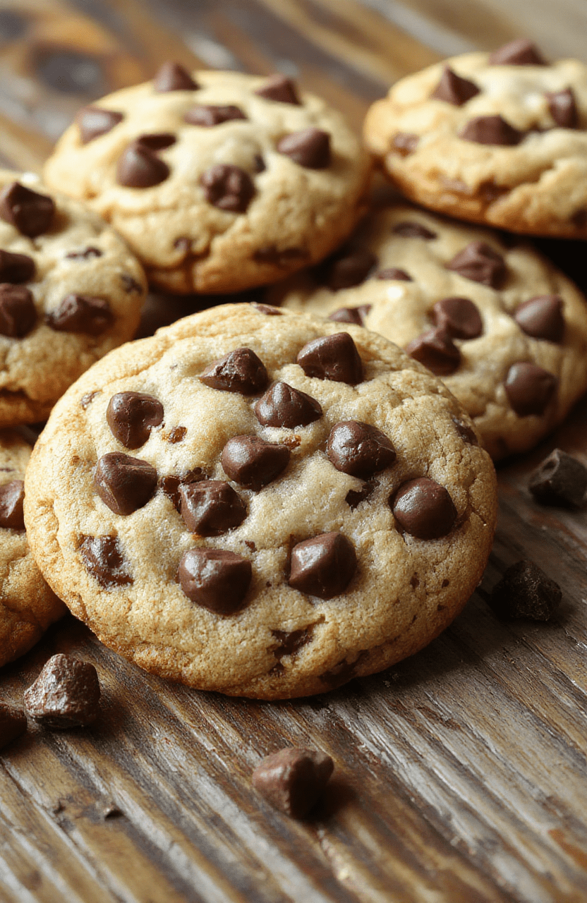 A close-up of warm, freshly baked chewy chocolate chip cookies arranged on a rustic wooden surface, showcasing gooey chocolate chips and soft, textured centers, with a slight crackle on top and a few cookies stacked to reveal their chewy interior.