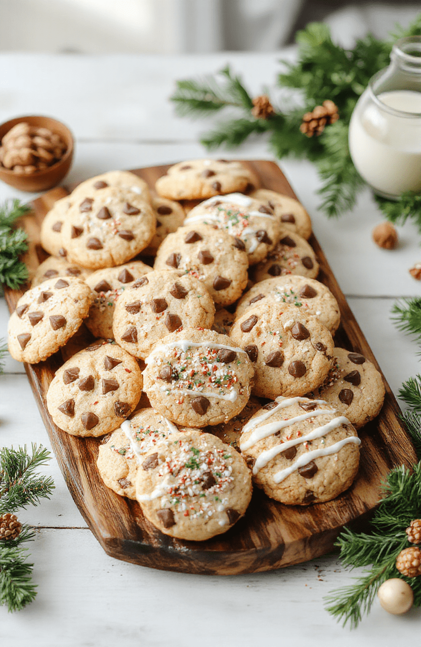 A colorful plate of assorted holiday cookies including chocolate chip, peppermint, and snickerdoodles, decorated with sprinkles and icing, arranged elegantly on a rustic wooden tray, with soft natural lighting and cozy background accents.