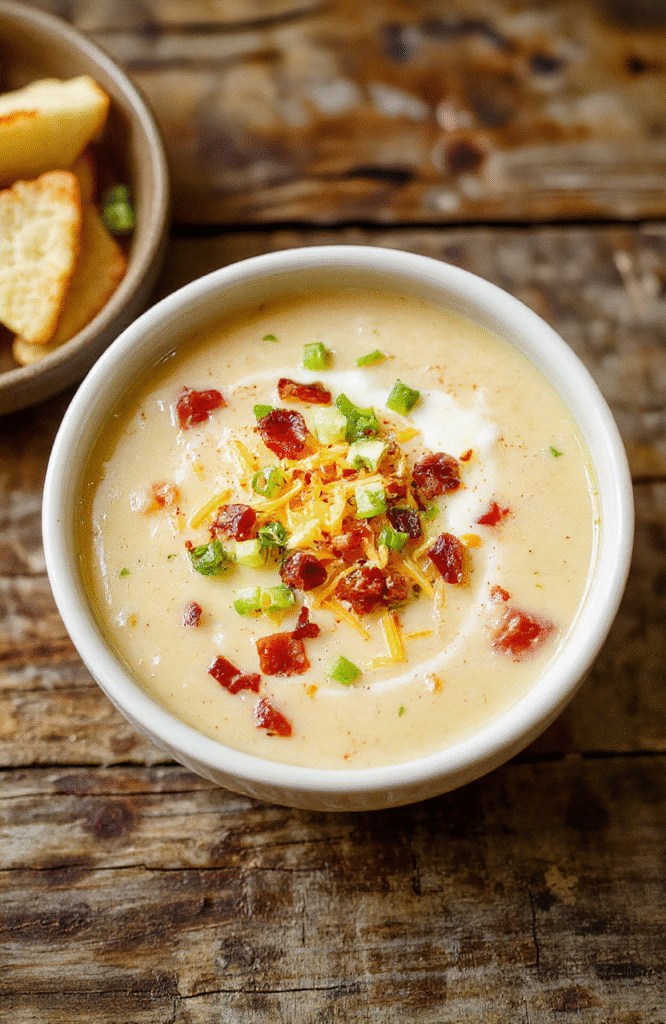 A creamy crockpot potato soup topped with shredded cheese, chopped green onions, crispy bacon bits, and sour cream, served in a rustic white bowl on a wooden table, with a cozy kitchen background and warm lighting emphasizing the textures and toppings.