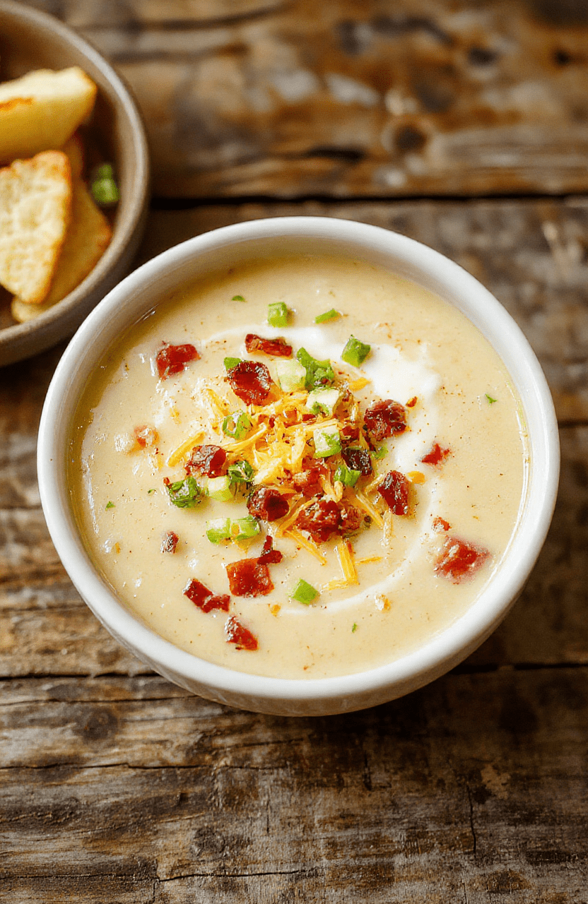 A creamy crockpot potato soup topped with shredded cheese, chopped green onions, crispy bacon bits, and sour cream, served in a rustic white bowl on a wooden table, with a cozy kitchen background and warm lighting emphasizing the textures and toppings.