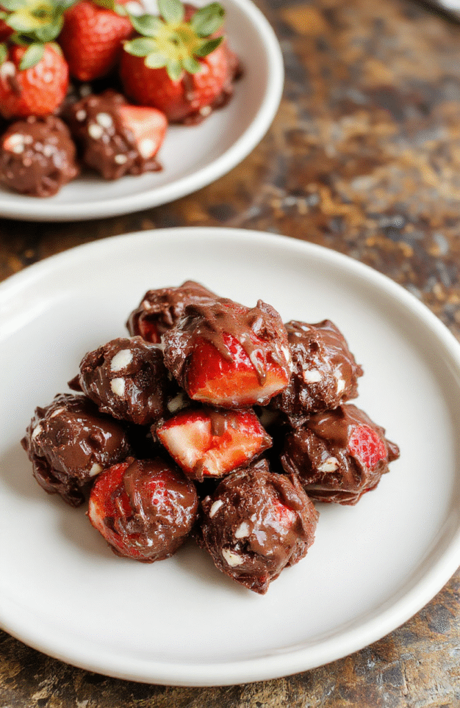 Colorful chocolate strawberry yogurt clusters arranged on a white plate, showcasing glossy chocolate coating, vibrant red strawberries, creamy yogurt interior, and a sprinkle of crushed nuts for texture, styled simply with natural daylight highlighting the glossy surface.