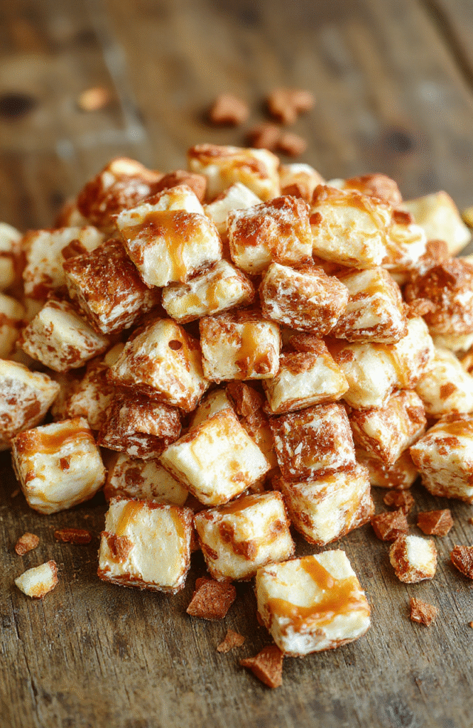 A vibrant bowl of caramel apple puppy chow sprinkled with colorful fall candies and chopped nuts, styled on a rustic wooden table with a cozy autumn backdrop, showcasing the crunchy coated cereal pieces contrasted with smooth caramel drizzle and bright apple bits, all styled for an inviting fall treat.