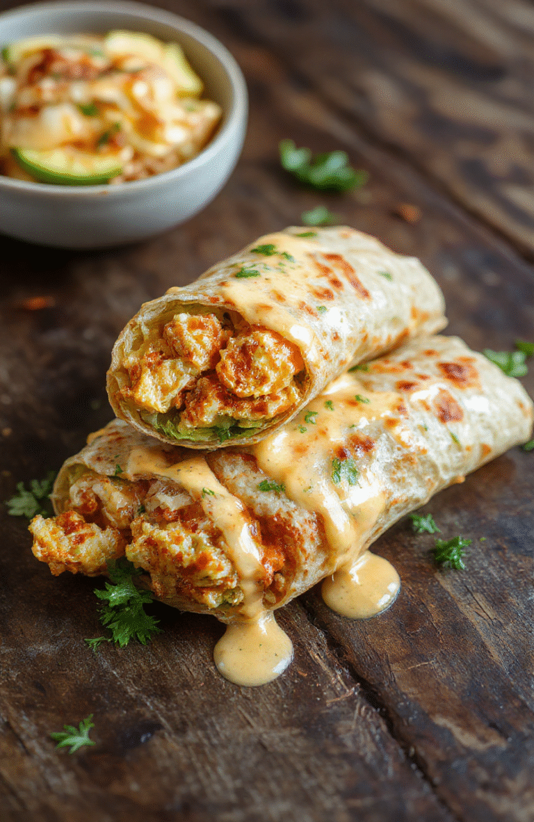 A vibrant plate of cheesy chicken wraps drizzled with sauce, cut open to reveal juicy chicken, melted cheese, fresh greens, and colorful vegetables, styled on a rustic wooden surface with natural lighting.