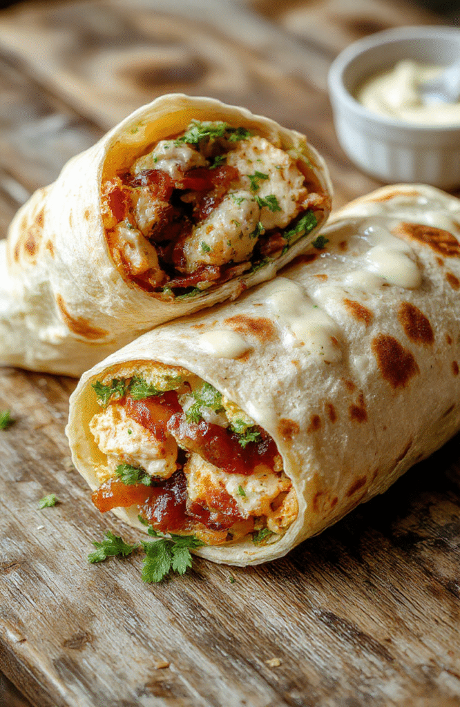 A colorful chicken bacon ranch wrap sliced open to reveal layers of crispy bacon, tender grilled chicken, fresh lettuce, and creamy ranch sauce, all wrapped in a golden tortilla. The wrap sits on a rustic wooden plate with a few sprigs of parsley, styled to look appetizing and inviting, with a vibrant background that emphasizes the fresh ingredients and crispy textures.