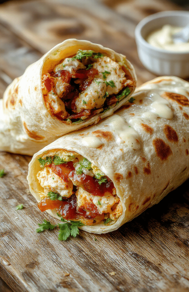 A colorful chicken bacon ranch wrap sliced open to reveal layers of crispy bacon, tender grilled chicken, fresh lettuce, and creamy ranch sauce, all wrapped in a golden tortilla. The wrap sits on a rustic wooden plate with a few sprigs of parsley, styled to look appetizing and inviting, with a vibrant background that emphasizes the fresh ingredients and crispy textures.