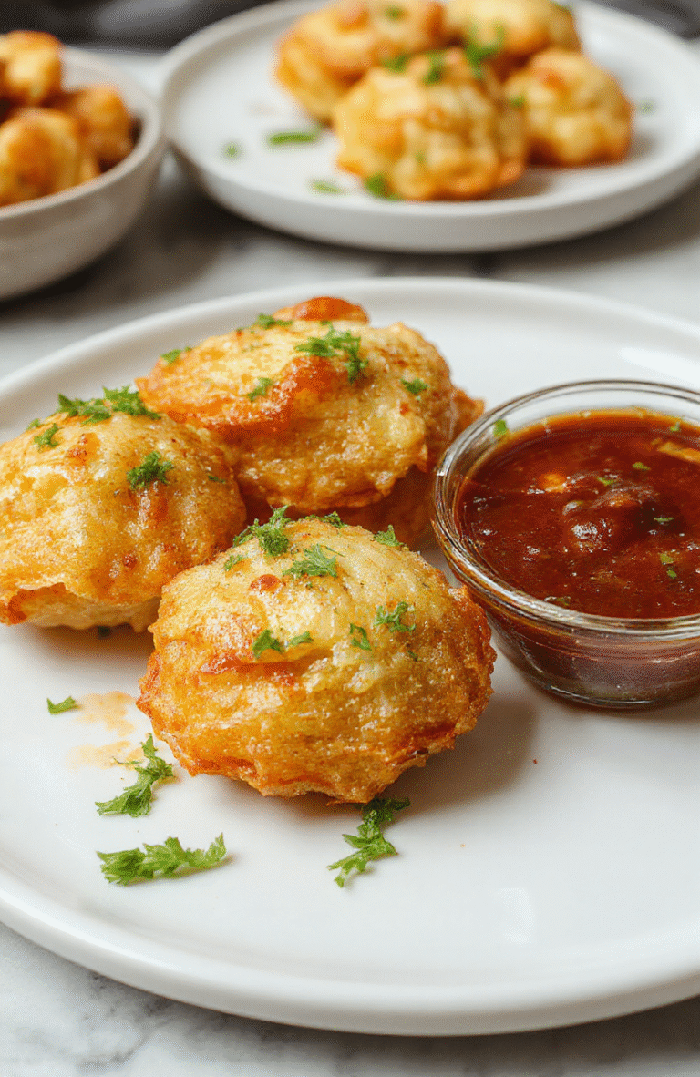 A close-up shot of crispy golden crab rangoon with creamy filling peeking out, arranged on a white plate with green garnish and a spicy dipping sauce in the background, textured and inviting.