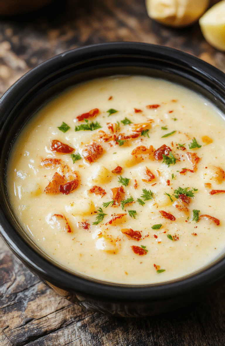 A vibrant bowl of creamy potato soup with crispy bacon bits and chopped green onions on top, served in a rustic white bowl with a spoon, set against a cozy wooden table with a warm, inviting atmosphere.