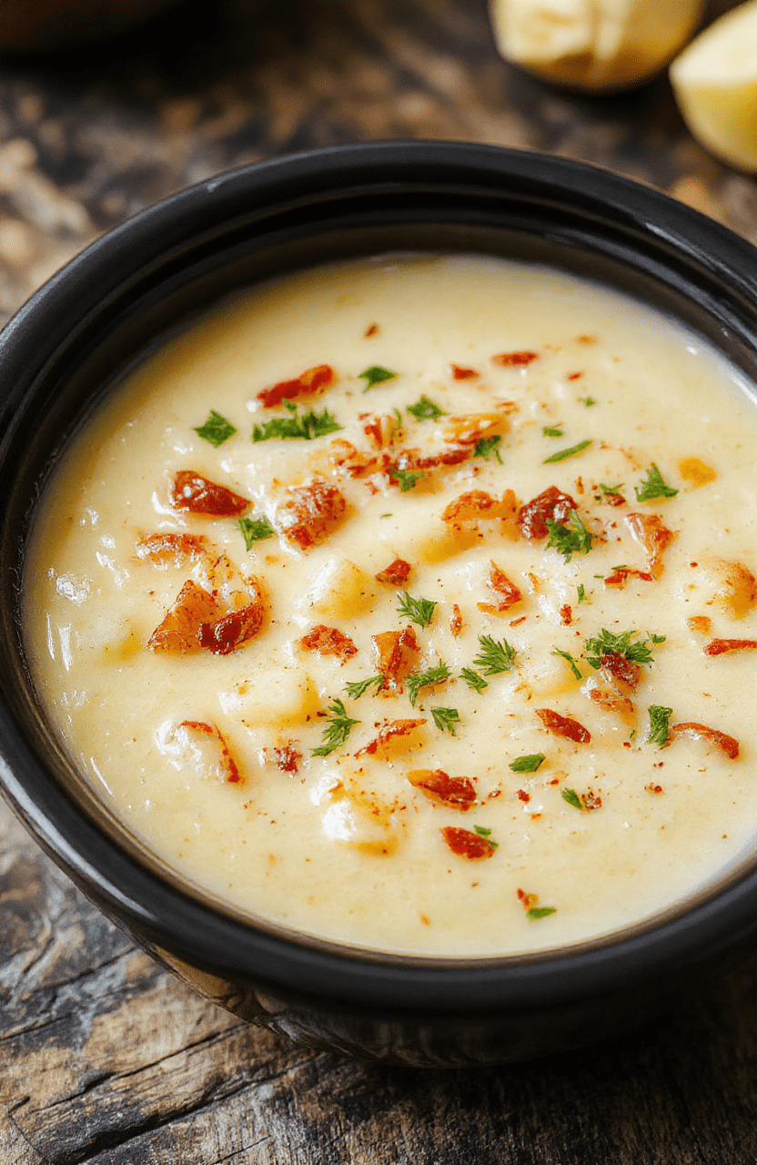 A vibrant bowl of creamy potato soup with crispy bacon bits and chopped green onions on top, served in a rustic white bowl with a spoon, set against a cozy wooden table with a warm, inviting atmosphere.