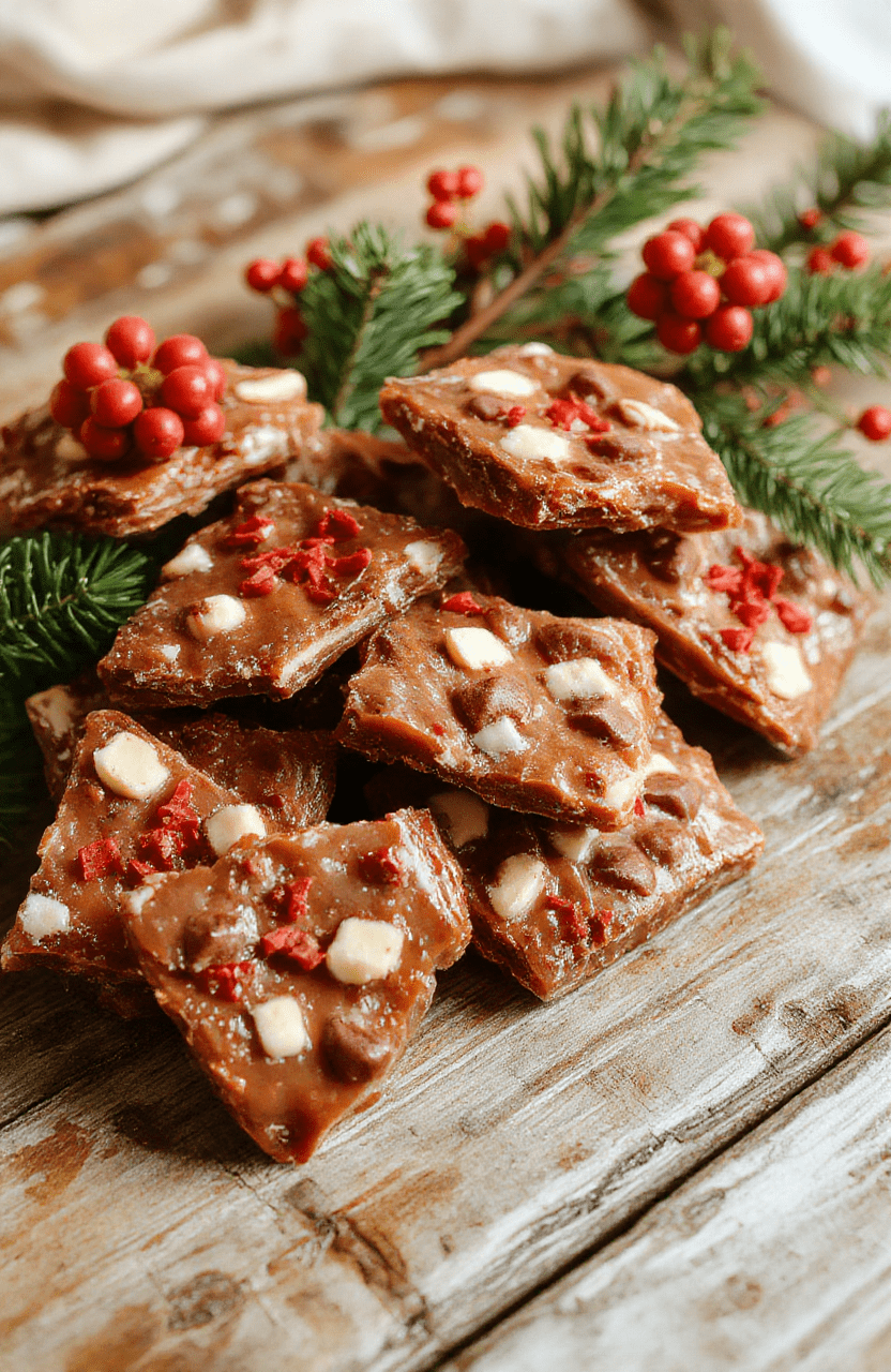 A close-up of a golden-brown toffee sheet topped with crispy crackers, drizzled with melted chocolate and sprinkled with chopped nuts, arranged on a rustic wooden surface with festive holiday decorations in the background.