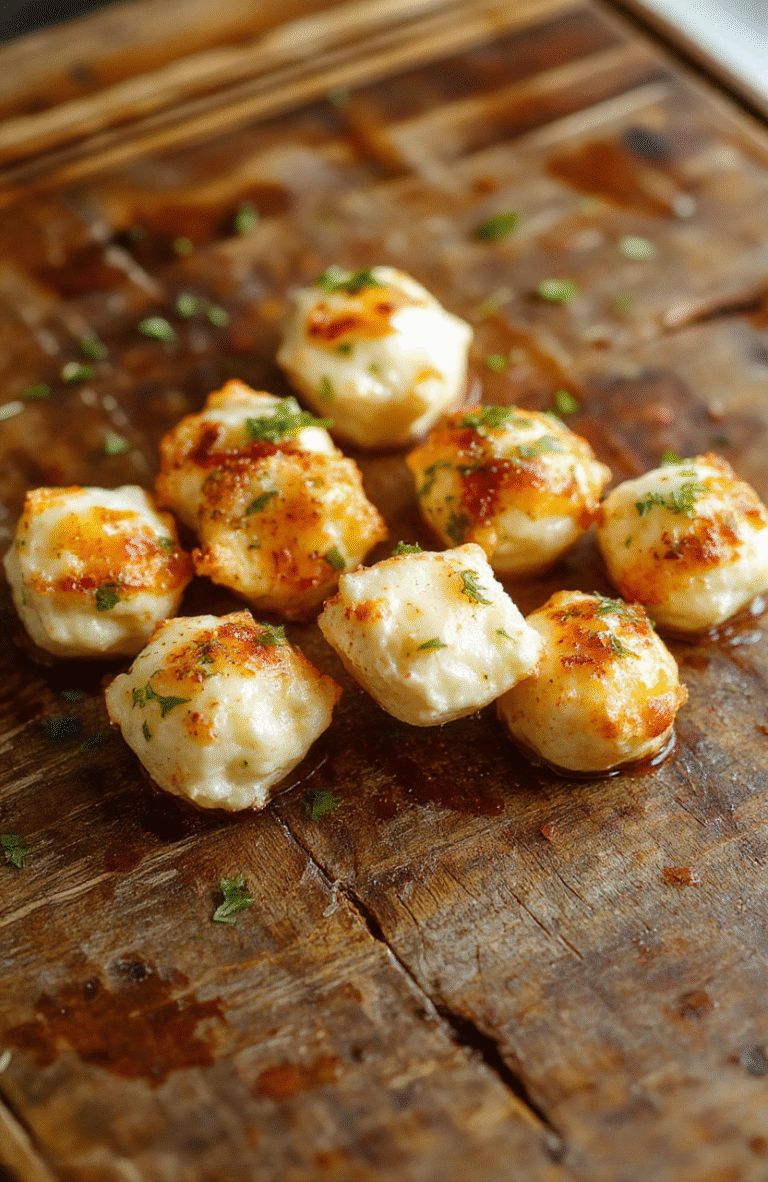 Golden crispy mozzarella bites on a white plate, garnished with fresh basil and marinara sauce, close-up shot showing melted cheese and crunchy crust, styled on a rustic wooden table with natural light