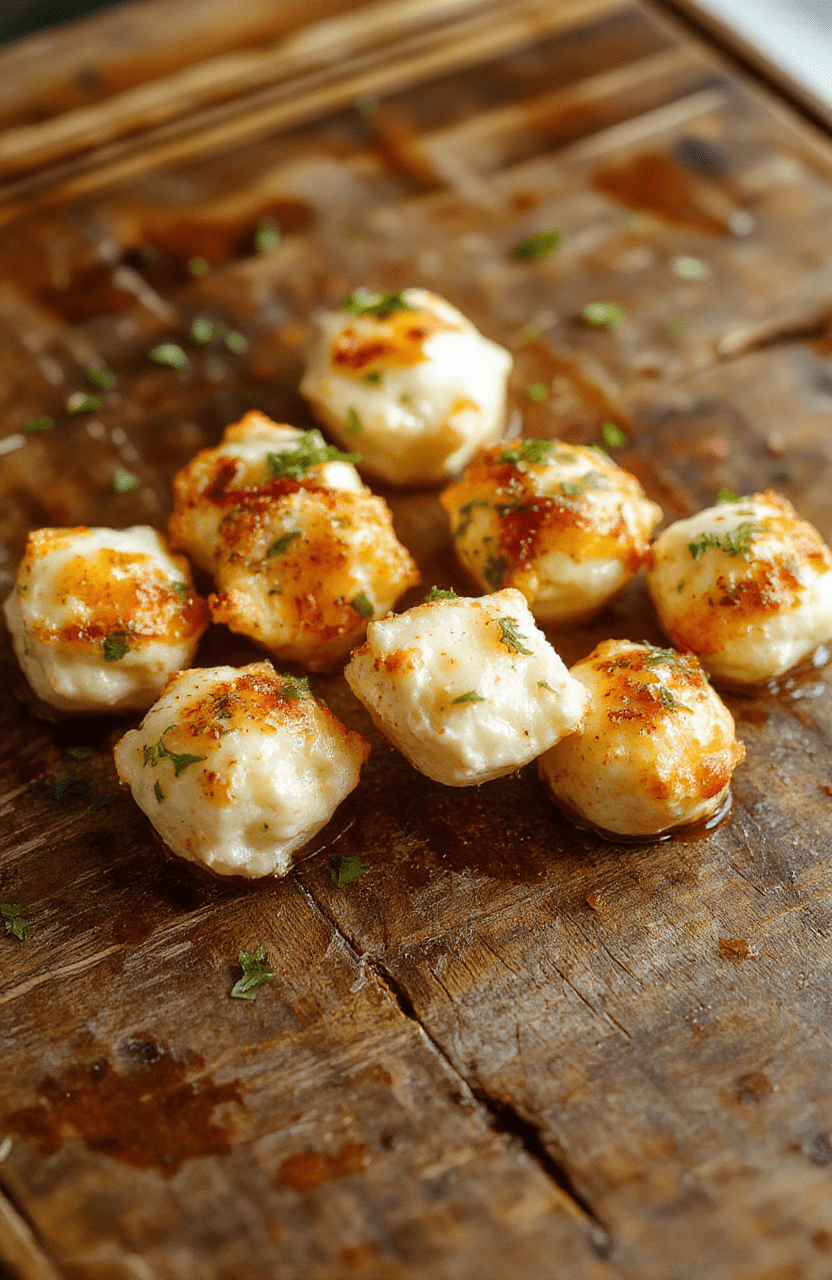 Golden crispy mozzarella bites on a white plate, garnished with fresh basil and marinara sauce, close-up shot showing melted cheese and crunchy crust, styled on a rustic wooden table with natural light