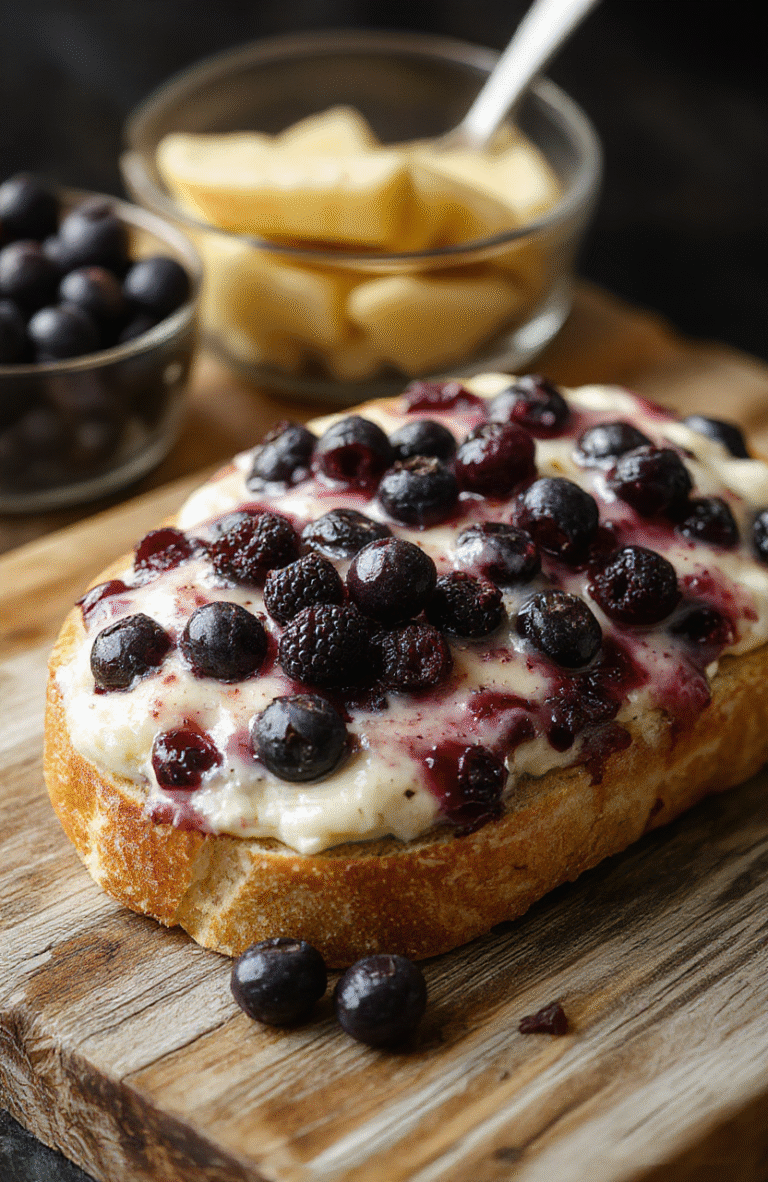 A slice of blueberry cream cheese bread with swirls of blueberries and creamy filling, topped with powdered sugar on a rustic wooden board, vibrant colors, moist texture, visible berries, fresh and inviting presentation.